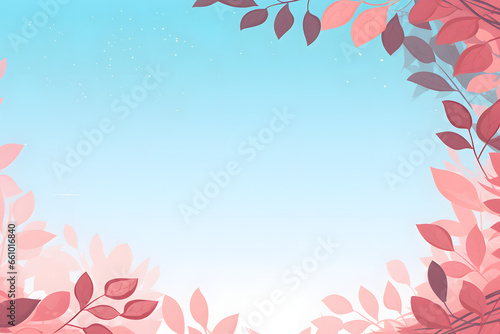 Pastel leaves border a clear blue gradient sky at the top