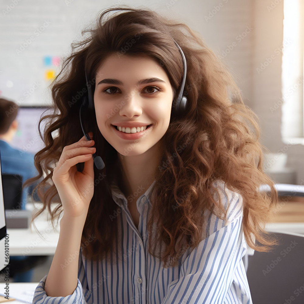 Naklejka premium Customer service representative with curly hair talking through headset, Generative AI Illustration. Not real people