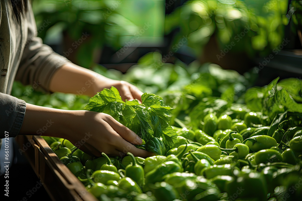 Asian woman harvesting fresh vegetable from farm Asian woman harvesting fresh vegetable from farm