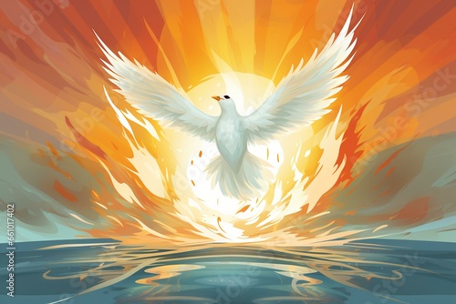 Illustration of Holy Spirit, symbolized by a dove and flame, for Pentecost Sunday. Generative AI