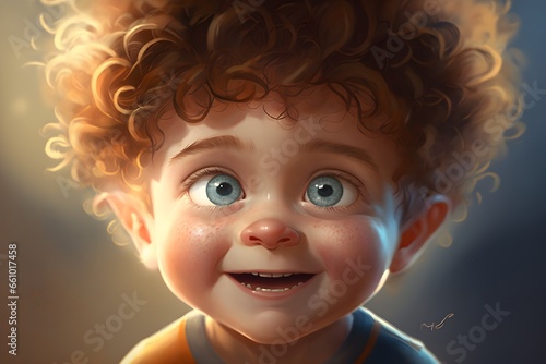 character in the center of the picture little boy with very big round eyes sandy light brown curly short hair energetic Happy personality Gap tooth illustration digital art satureted rgb colors hd 8k  photo