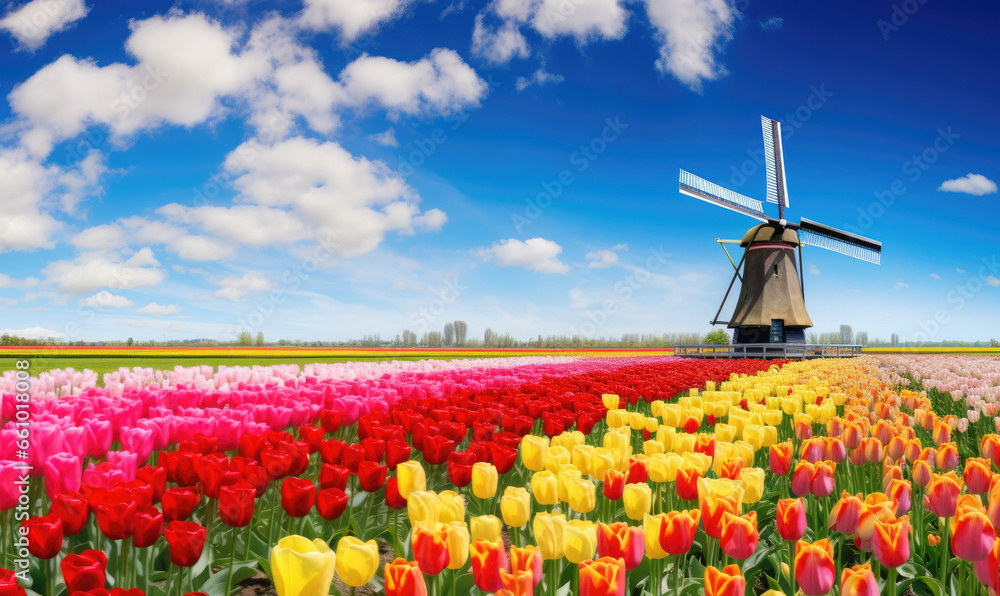 Endless rows of blooming tulips lead toward a solitary windmill.