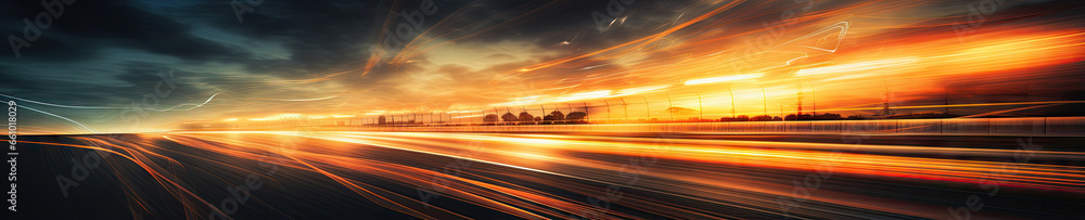 Speeding car on a racetrack, captured in a blur. - obrazy, fototapety, plakaty 