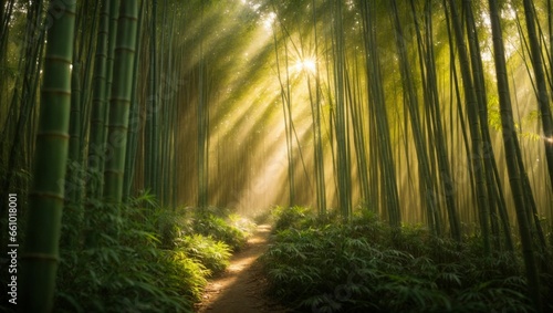 Tranquil Morning: Sunlit Path in Bamboo Sanctuary