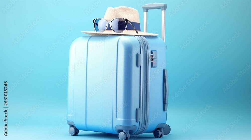 Blue suitcase with sun glasses, hat and camera on pastel blue background. travel concept. minimal style Blue suitcase with sun glasses, hat and camera on pastel blue background. travel concept. minimal style