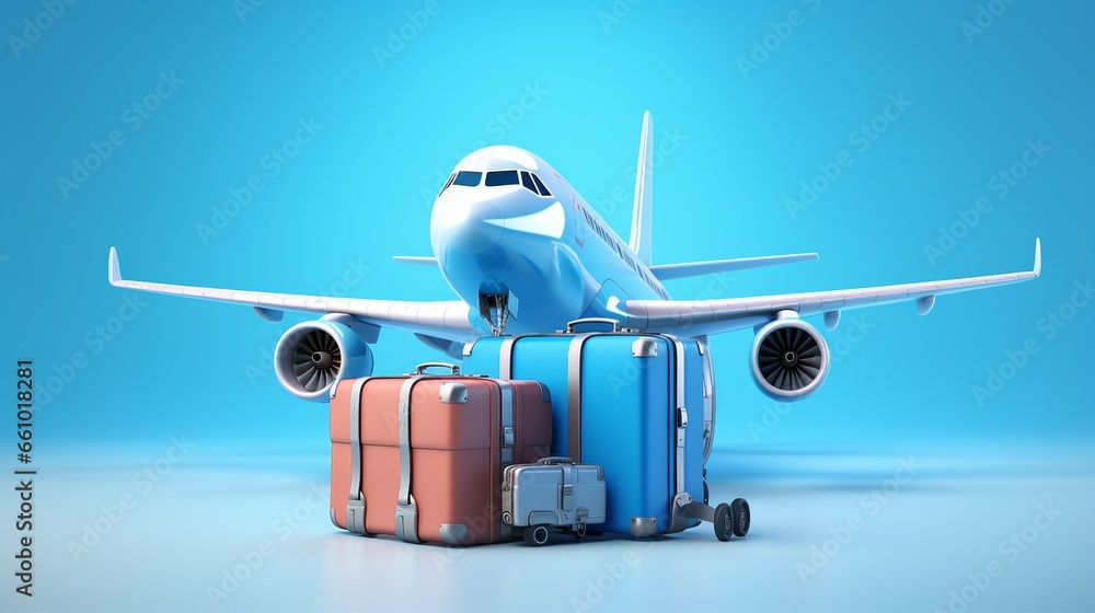 luggage or baggage and planes placed on passport for making advertising media about tourism and all object on blue background, vector 3d on blue background for travel and transport concept design - obrazy, fototapety, plakaty 