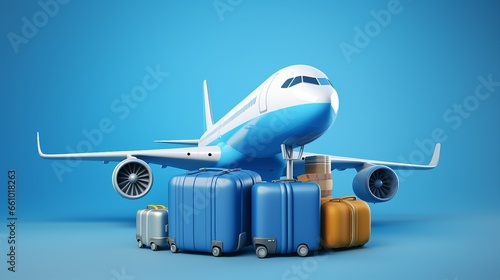 luggage or baggage and planes placed on passport for making advertising media about tourism and all object on blue background, vector 3d on blue background for travel and transport concept design photo