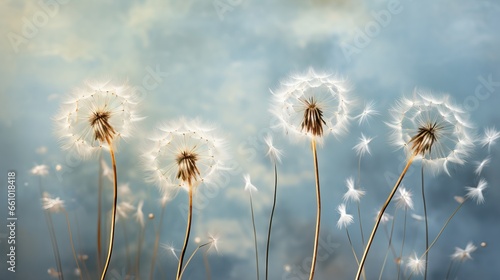 Interior illustration of dandelions. Background with dandelions for wallpaper on the wall in blue tones. Water drops