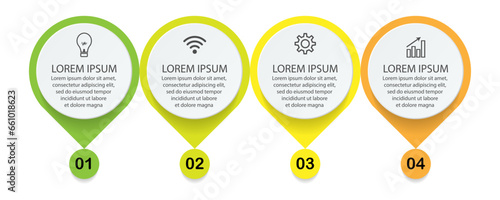 infographic template design, minimalist concept, interconnected circles with 4 steps, lines and colors in each step, good for your business presentation