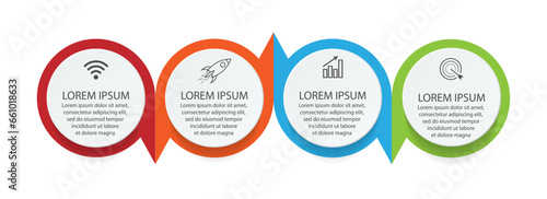 infographic template design, minimalist concept, interconnected circles with 4 steps, lines and colors in each step, good for your business presentation