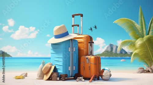 Suitcase with travel accessories on blue background. 3d rendering