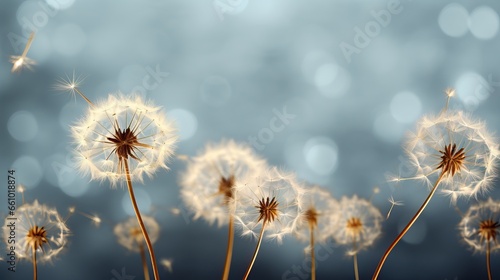 Mural interior wallpaper for living room with dandelion.Many dandelions on grey bokeh watercolor background with fly flower and bokeh light.Wall art for living room .Floral trendy background in modern