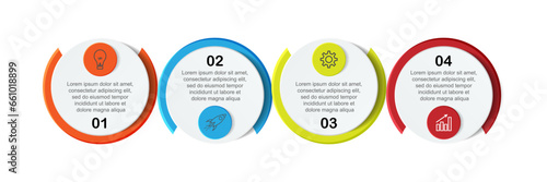 infographic template design, minimalist concept, interconnected circles with 4 steps, lines and colors in each step, good for your business presentation