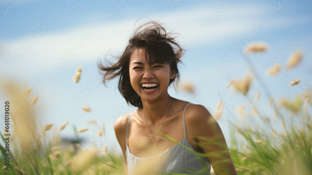 Happy asian woman in field of grass. Laughing and enjoying moment. Happy asian woman in field of grass. Laughing and enjoying moment.