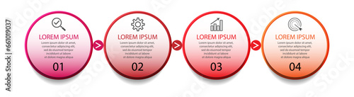infographic template design, minimalist concept, interconnected circles with 4 steps, lines and colors in each step, good for your business presentation