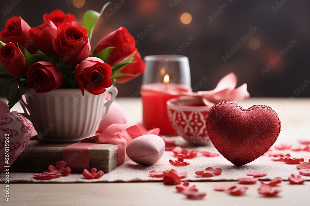 Bouquet of red roses, candles and hearts on wooden background