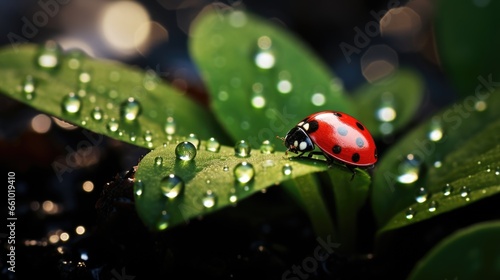 Red ladybug walking on a leaf with dew drops