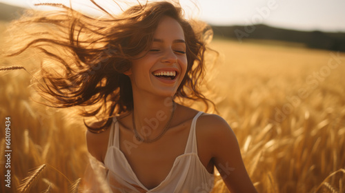 Happy young woman smiling in field of flowers. Sunset, golden hour. © AllistairBot/Peopleimages - AI