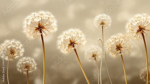 Mural interior wallpaper for living room with dandelion.Many dandelions on beige watercolor background with fly flower and bokeh light.Wall art for living room .Floral trendy background in modern