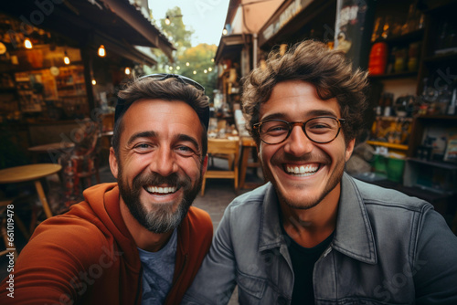 Portrait shot of smiling male gay couple taking selfie on mobile, smartphone while traveling in autumn or calling their friends, relatives. Happy generation z millenials LGBTQ relationship concept