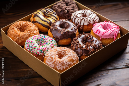 Assorted donuts in a box on a wooden background