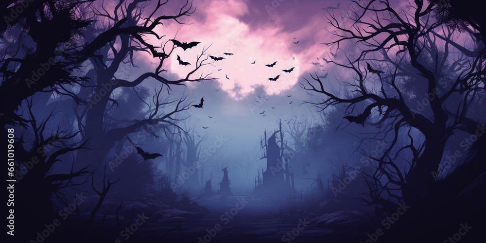 Halloween banner by moonlight,a mesmerizing scene with the moon, creepy bats and twisted trees