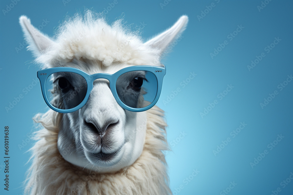 Portrait of funny white alpaca with blue sunglasses on blue background