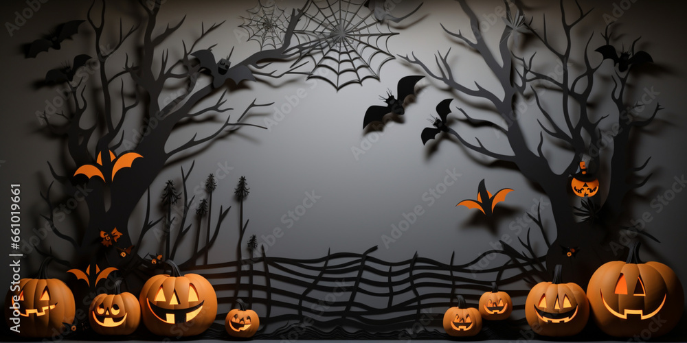 halloween banner,decor with lanterns,pumpkins,curved trees, bats and cobwebs