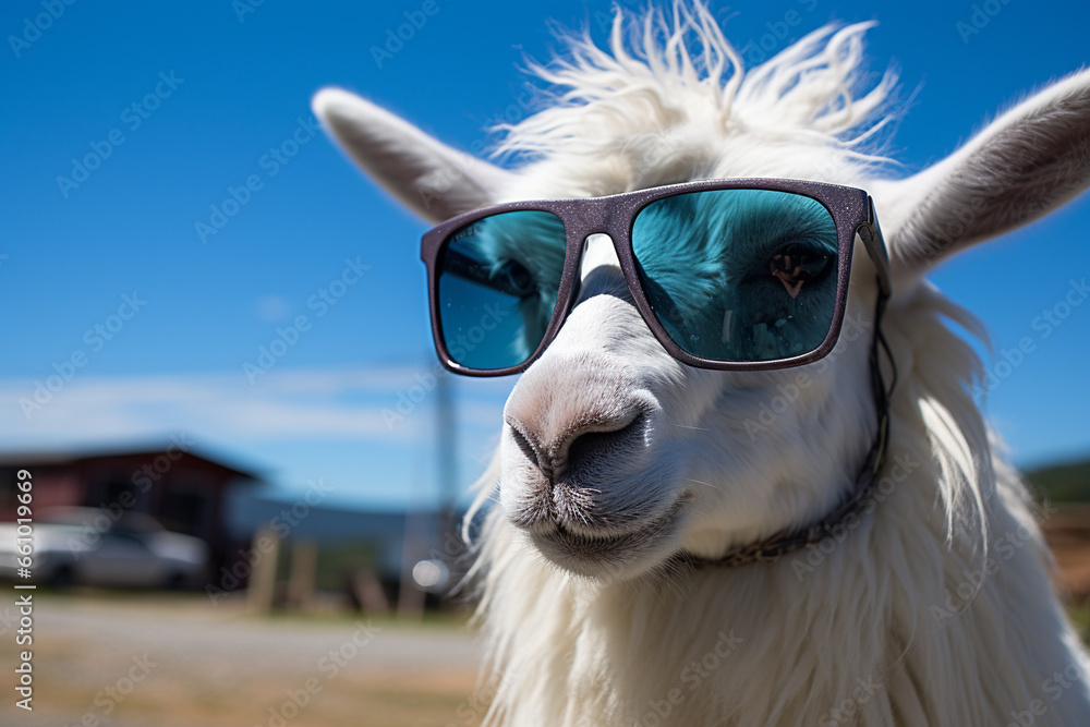 Portrait of a white alpaca wearing sunglasses against blue sky