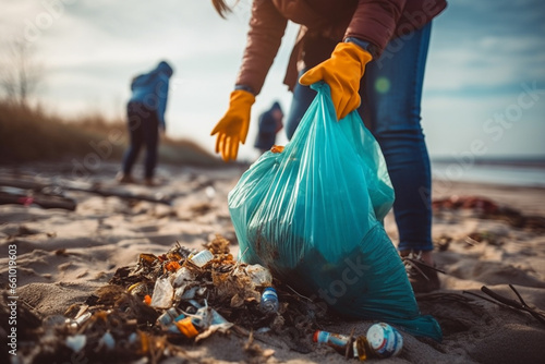 Volunteers collecting garbage on the beach. Zero waste concept.