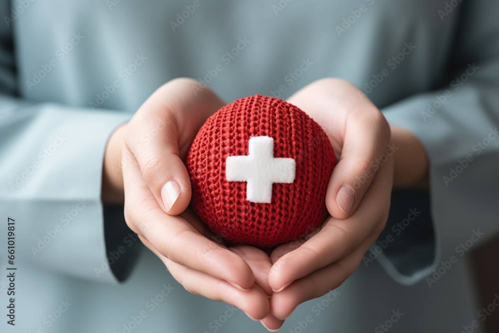 Woman holding knitted healthcare sign ball, closeup. Health care concept Woman holding knitted healthcare sign ball, closeup. Health care concept