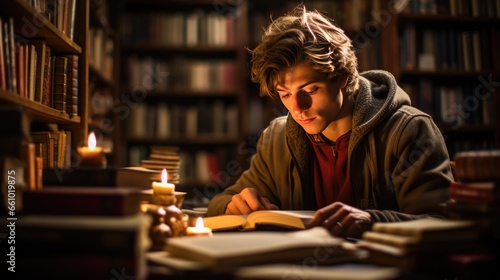 young man studying in the library photo