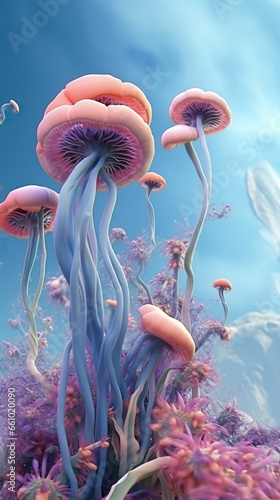 Surreal Landscape of Colorful Mushrooms,Fantasy Hyper Realistic Concept Plants
