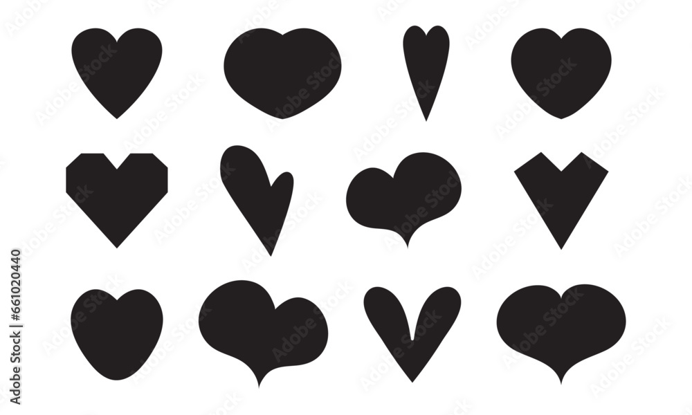 Set of various shapes of black hearts on white background for icons, wallpapers, packaging, wrapping, fabrics, webs, apps, greeting cards Set of various shapes of black hearts on white background for icons, wallpapers, packaging, wrapping, fabrics, webs, apps, greeting cards