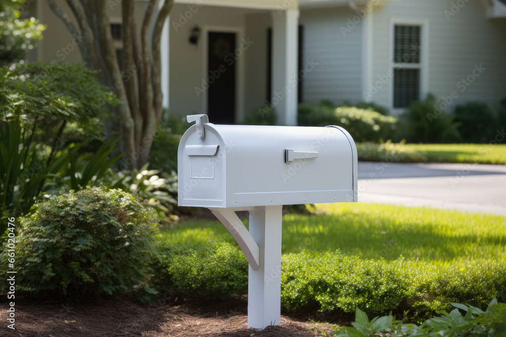 White Mailbox in Front of House, Generative AI White Mailbox in Front of House, Generative AI