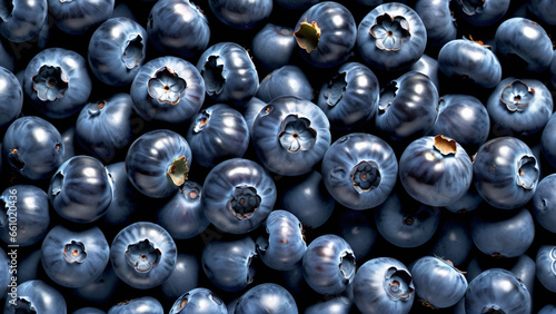 Large blueberry fruits in a continuous scattering create the background. Generative AI.