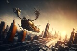 Santa sled and reindeer flying over a city fluid form hypermodernism steel 8k hd realistic ultra wide angle professional luxurious cinematic lighting flying the sky 