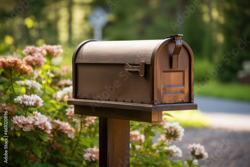 Obraz na płótnie Copper Brown Mailbox Outdoors with Flowers, Generative AI w salonie