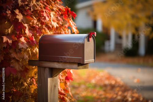 Copper Brown Mailbox Outdoors with Flowers, Generative AI