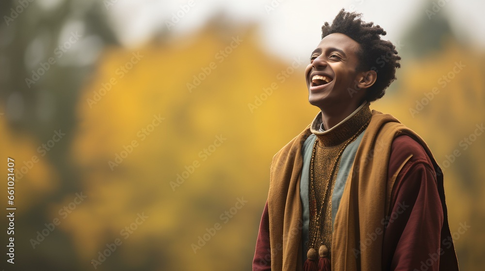 a African Ethiopian male gospel singer, dressed in earthy, fall-inspired clothing, singing passionately amidst the autumn colors. generative AI