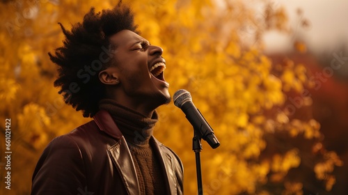 a African Ethiopian male gospel singer, dressed in earthy, fall-inspired clothing, singing passionately amidst the autumn colors. generative AI photo