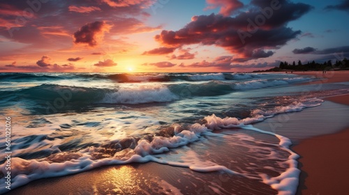 Wonderful view of the wavy sea at sunset.