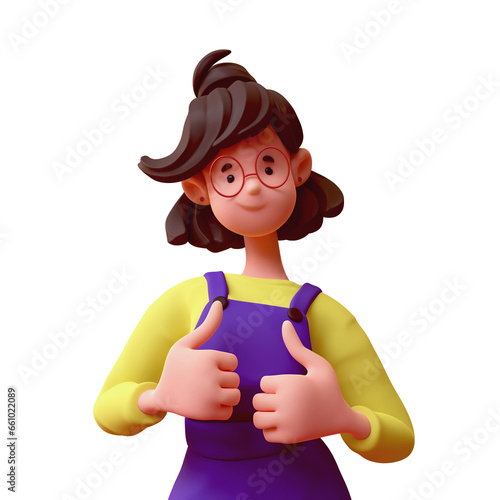 Portrait of cute kawaii excited casual asian brunette k-pop girl in fashion clothes purple overalls, yellow t-shirt showing thumb up hand gesture good job respect. 3d render isolated transparent.