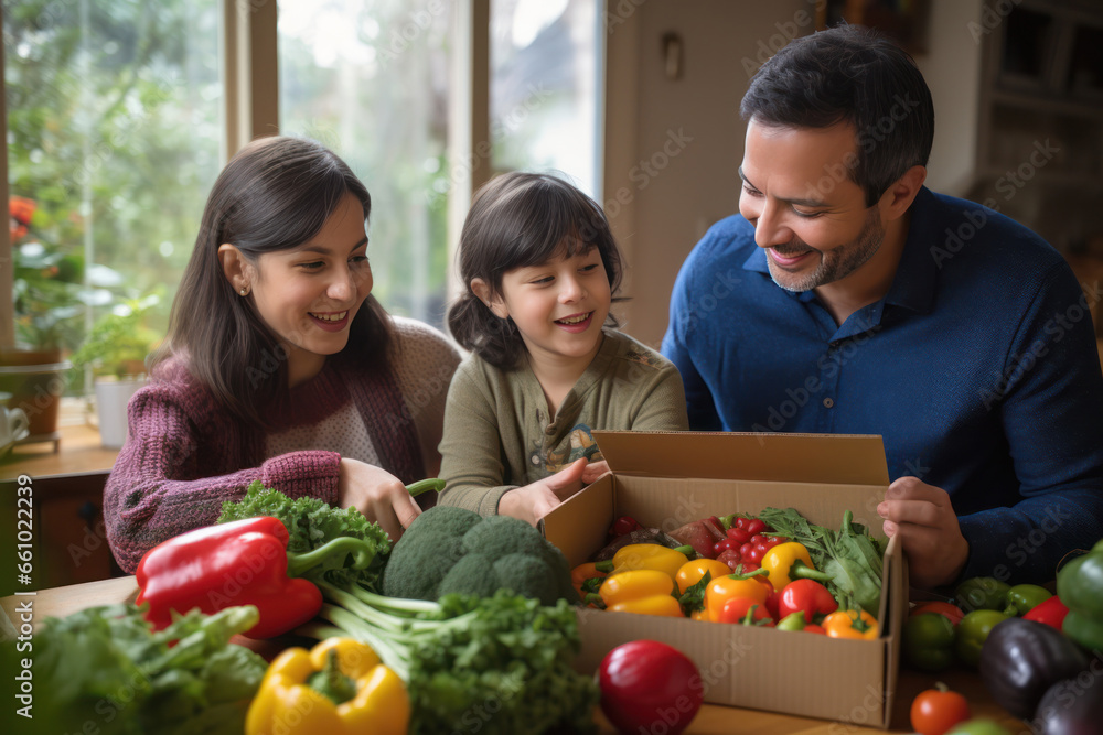 Online grocery joy: family eagerly explores a box filled with fresh deliveries