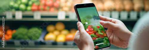 hand holding phone, illuminating a grocery shopping app with supermarket on background photo