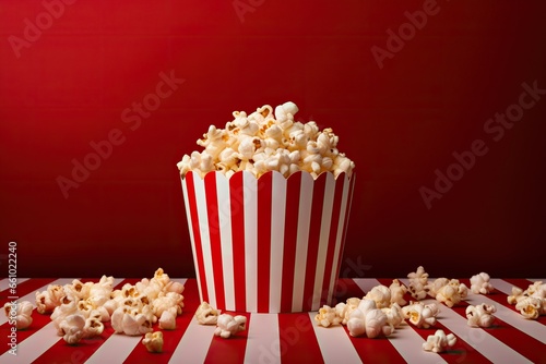 Paper cup with popcorn on bright red background. Striped box. Cinema, movies and entertainment minimal vertical concept with copy space