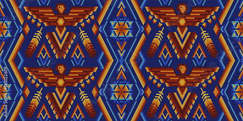 Tribal Ethnic geometric ornament in Mexican style. Wixarika Huichol, beaded pattern with eagles. 