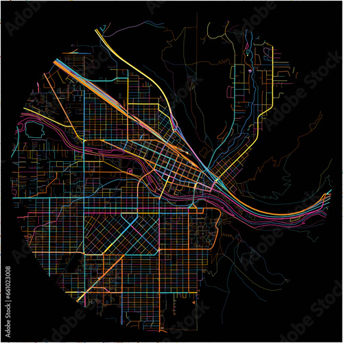 Colorful Map of Missoula, Montana with all major and minor roads.