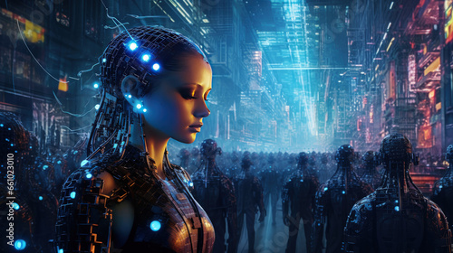 Illustrating the concept of the AI revolution  with robots and cyborgs advancing  evoking the theme of a Skynet-like scenario unfolding.