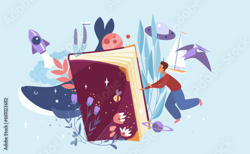 Inspiration from reading books vector illustration. Cartoon happy tiny character opening paper book to enjoy magic adventure in nature and space on pages, read inspiring novel and fairy story